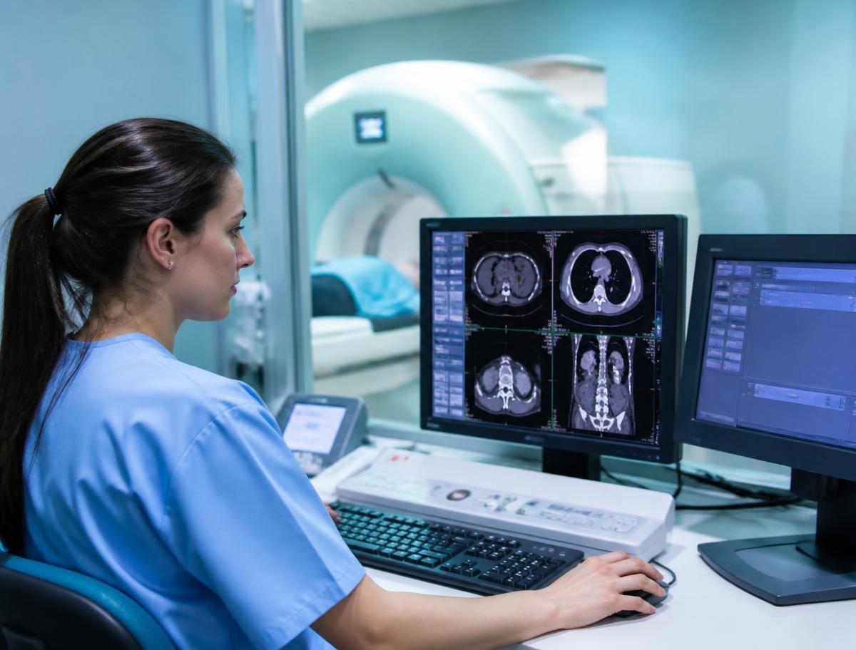 Tecnóloga em radiologia operando o console de um tomógrafo com imagens de tomografia nos monitores